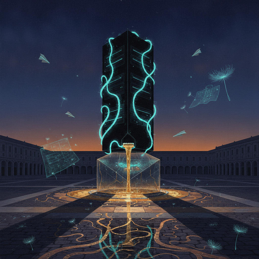 A Metaphysical landscape where a monolithic server rack leaks luminescent sake into a courtyard of copper rain. Vellum airplanes and dandelion blueprints drift through an indigo arcade, capturing the heavy, dreamlike state of a social function dissolved into digital ozone.