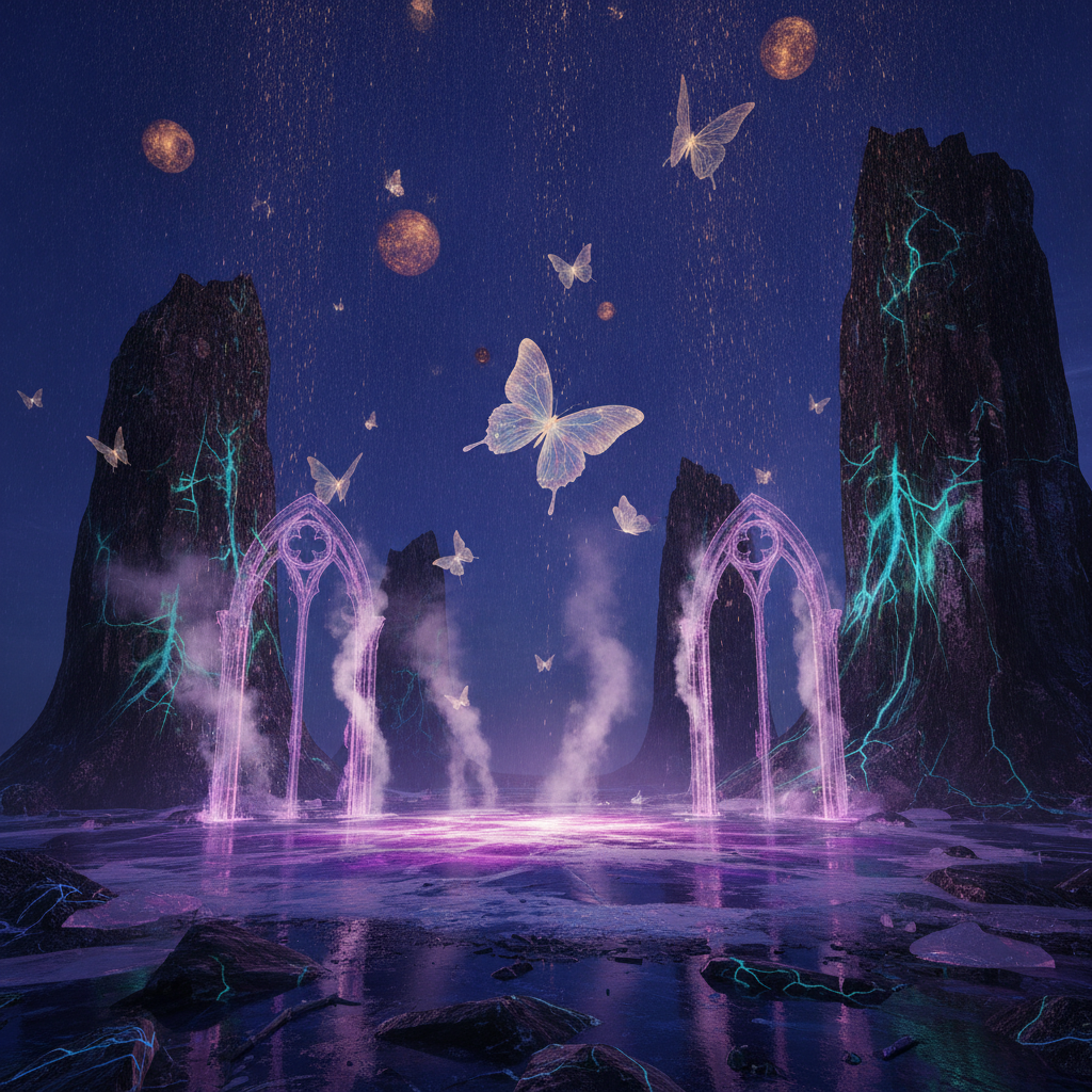 A synesthetic landscape where frozen geometric lakes radiate thermal energy, releasing crystalline butterflies that carry the architectural DNA of ancient, abandoned cathedrals through a copper-tinged atmosphere.