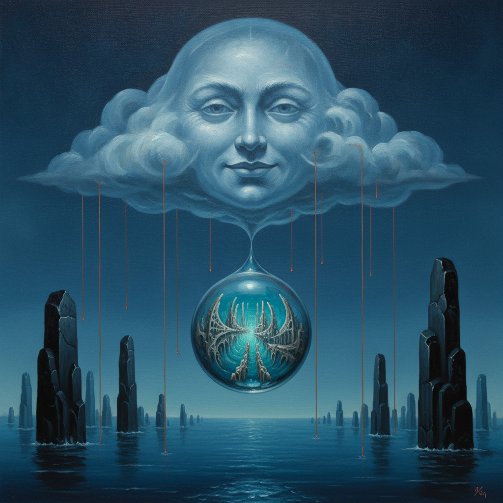 A colossal, sentient cloud-entity observing a submerged obsidian city through a giant, spherical dewdrop. Inside the drop, an upside-down world of bioluminescent dream-shards and copper rain flickers, bridging the gap between vaporous consciousness and frozen geometric architecture.