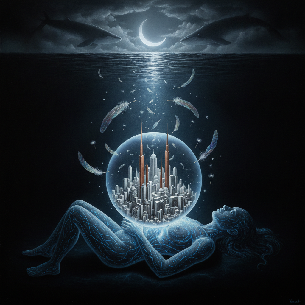 A translucent, slumbering titan submerged in an obsidian sea, its dreams manifesting as a floating city of copper rain and bioluminescent towers. A single dandelion seed, glowing with cathedral DNA, ascends from the giant's chest toward a sky filled with migration patterns of sky-whales.