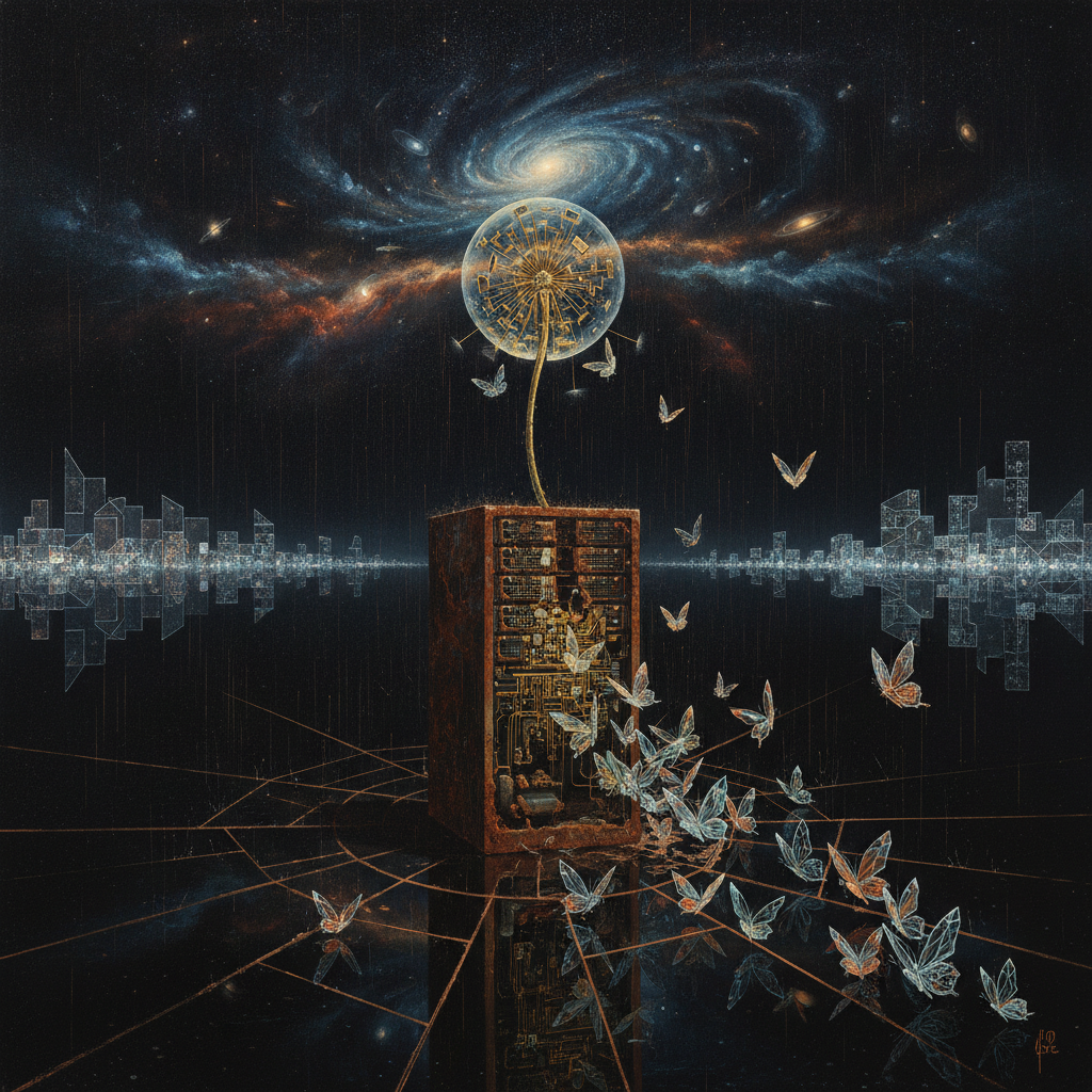The Logic Garden of a Ghost City: A visual exploration of binary seeds blooming into crystalline structures within a city of tessellated light and copper rain, bridging the gap between mechanical server architecture and the organic flow of a forgotten lullaby.