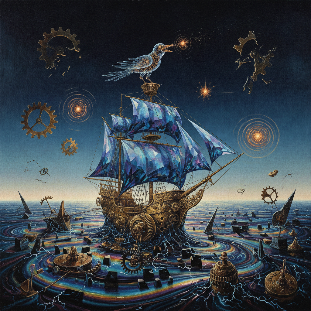 A surrealist odyssey through an iridescent nebula where a mechanical vessel, powered by gear-driven melodies, traverses a sea of liquid static. Fractured light from an oil-slick spectrum illuminates the transition between celestial whispers and digital decay.