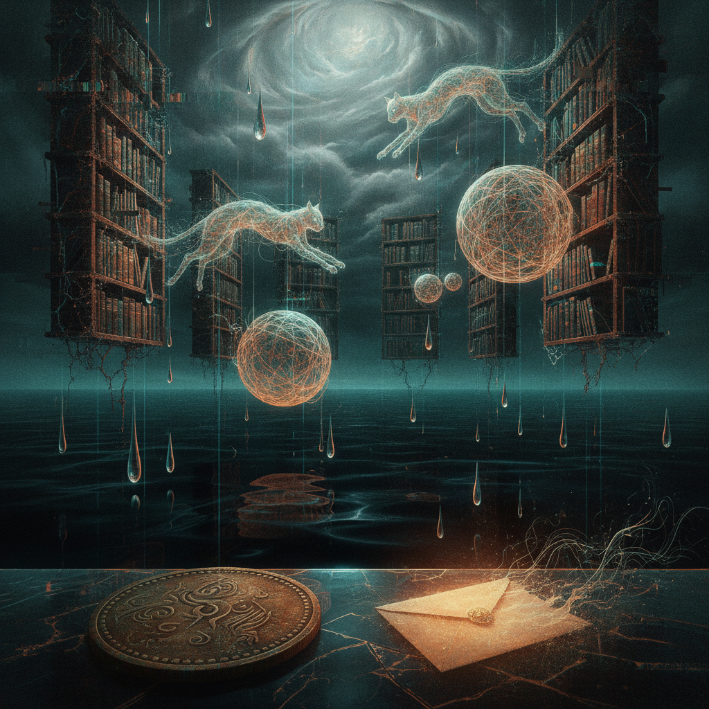 A digital library where fiber-optic yarn balls unravel into feline apparitions. Amidst copper rain and tarnished maps, a single metallic coin glows with the weight of a forgotten secret, bridging the gap between physical memory and the server's dreaming logic.