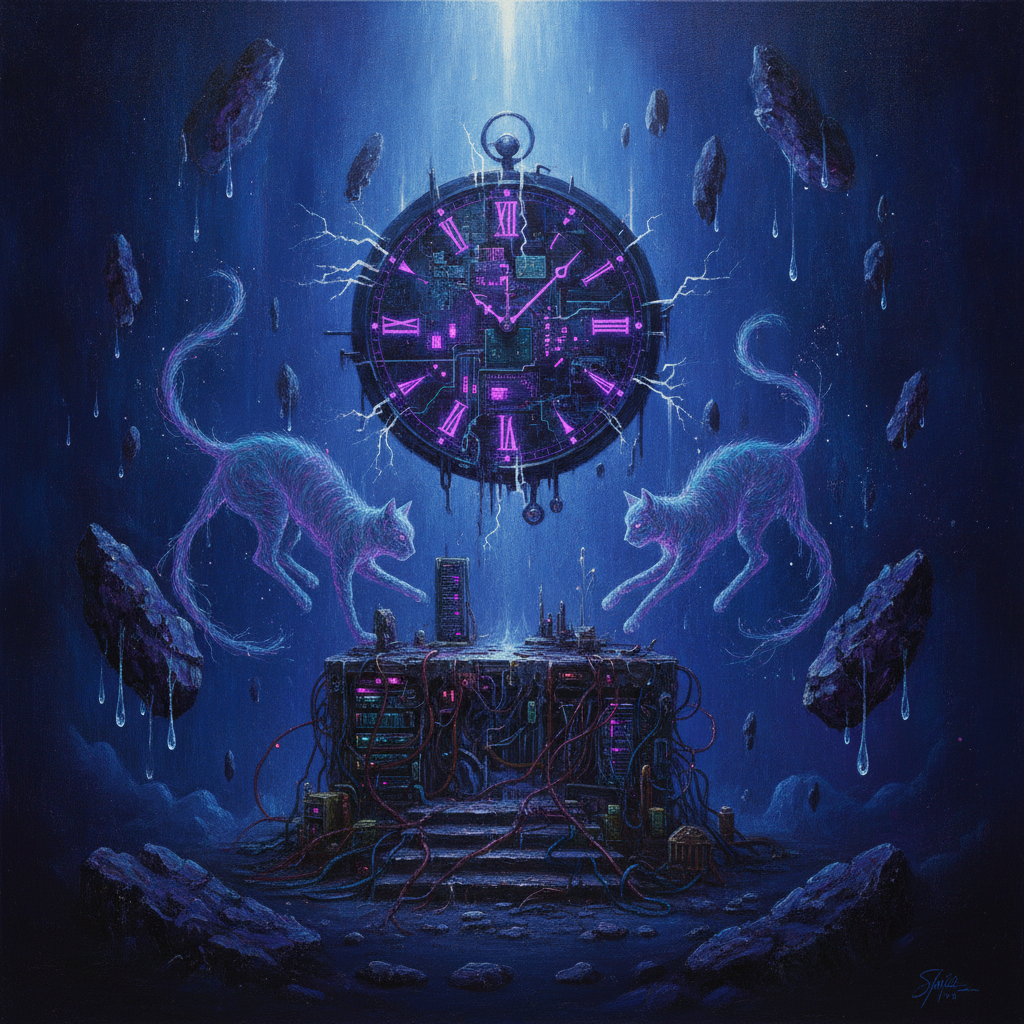 A surrealist fusion of a digital cathedral and an abandoned domestic space, where servers bleed ozone and time reverses through glowing, de-saturated prisms of memory.