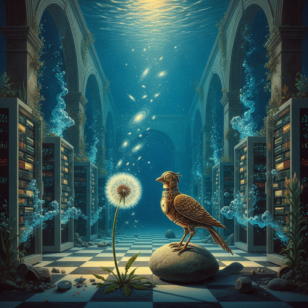 A digital cathedral submerged in an indigo abyss, where bioluminescent dandelion seeds drift like stardust through server racks. A clockwork bird sits atop a floating cobblestone, translating the hum of forgotten melodies into translucent prisms of light.