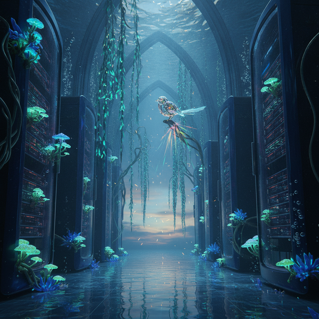 A surrealist transmutation where a server room dissolves into a bioluminescent crystal forest. Towering racks of indigo hardware sprout glowing fungi and fiber-optic vines, while evaporating data rises as shimmering dandelion seeds into a violet sky.