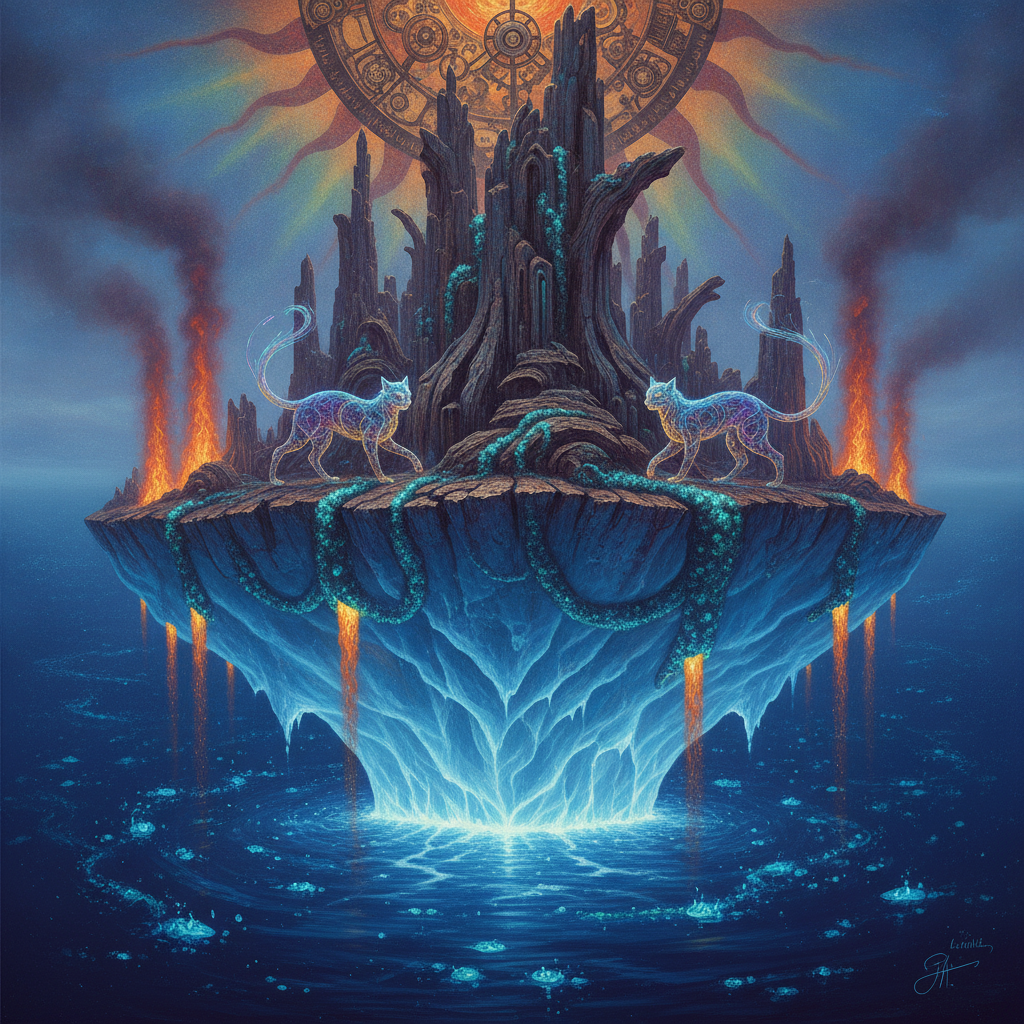 A surrealist vision of a miniature city carved from petrified wood, drifting on a translucent ice floe through a bioluminescent sea, where geothermal steam illuminates fiber-optic feline spirits.