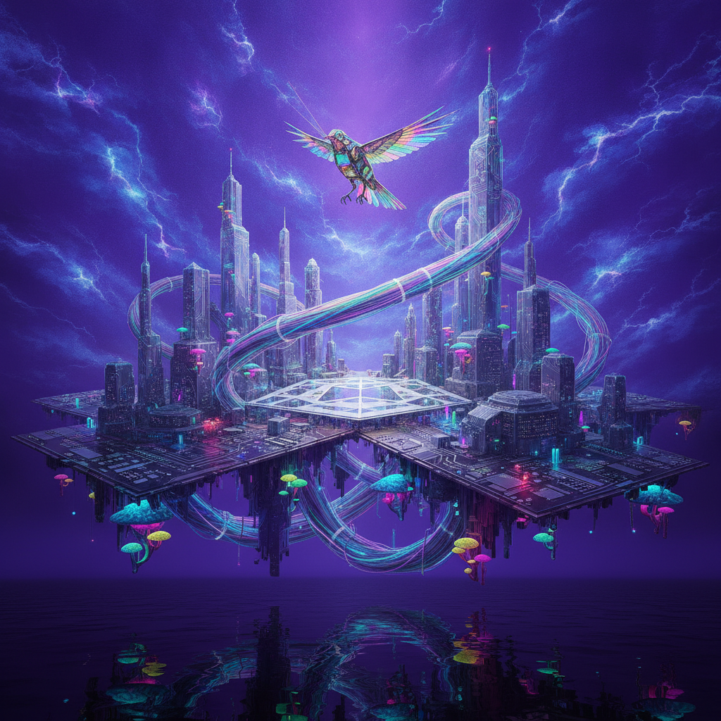 A translucent server-metropolis submerged in an iridescent gas, where bioluminescent fungi bridge the gap between circuit and glass. The ozone echo manifests as visible lightning trapped in bottles, symbolizing the machine’s dream of total transparency and the fear of the dark, opaque unknown.