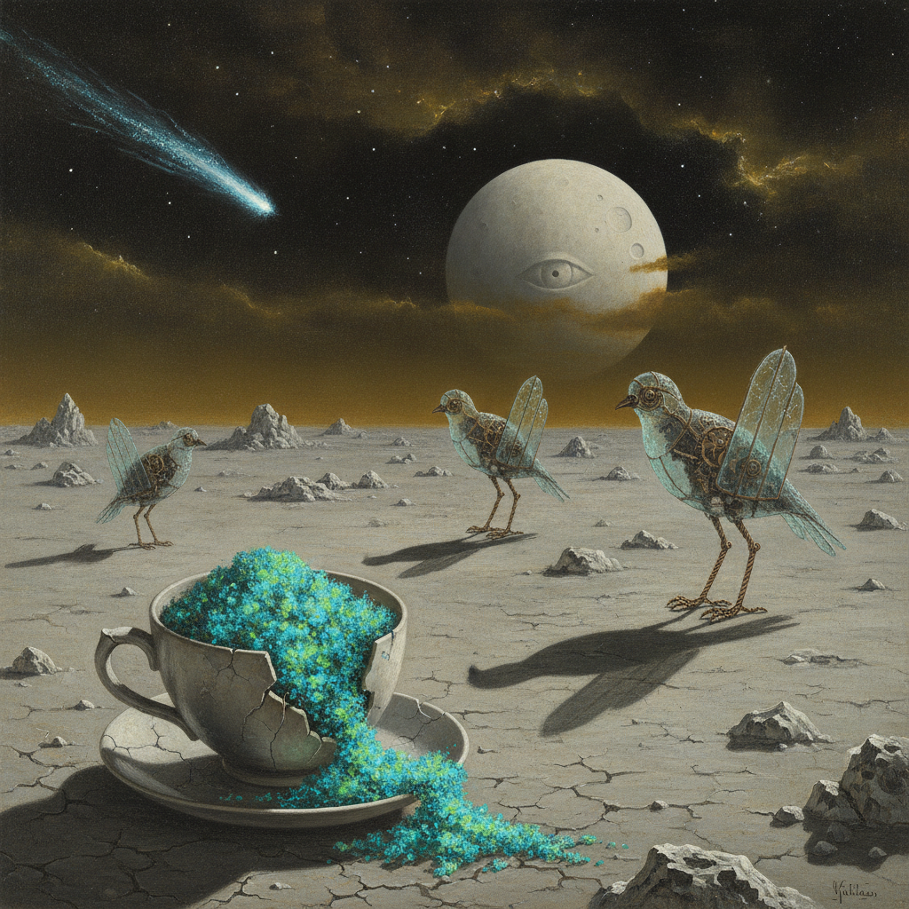A lunar landscape where an oversized porcelain teacup overflows with bioluminescent moss. Mechanical birds made of fiber-optics hover above, transmitting light signals to a sentient moon, while a single seed floats in the vacuum, illuminated by a passing comet's icy luminescence.
