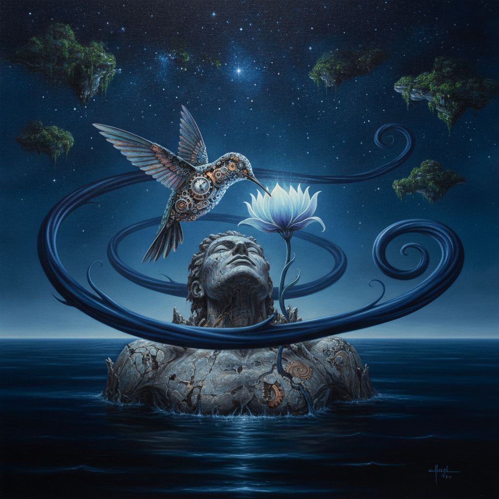 A surrealist vision of a mechanical hummingbird harvesting indigo light from a flower of pure moonlight, set atop a city built upon the chest of a submerged, breathing giant in an obsidian sea.