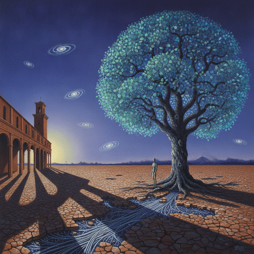 A silent, metaphysical courtyard where circuit-board pavement sprouts fiber-optic trees that harvest starlight. Floating dust-motes reveal themselves as spiraling galaxies, illuminating the transition of cold data into organic memory.
