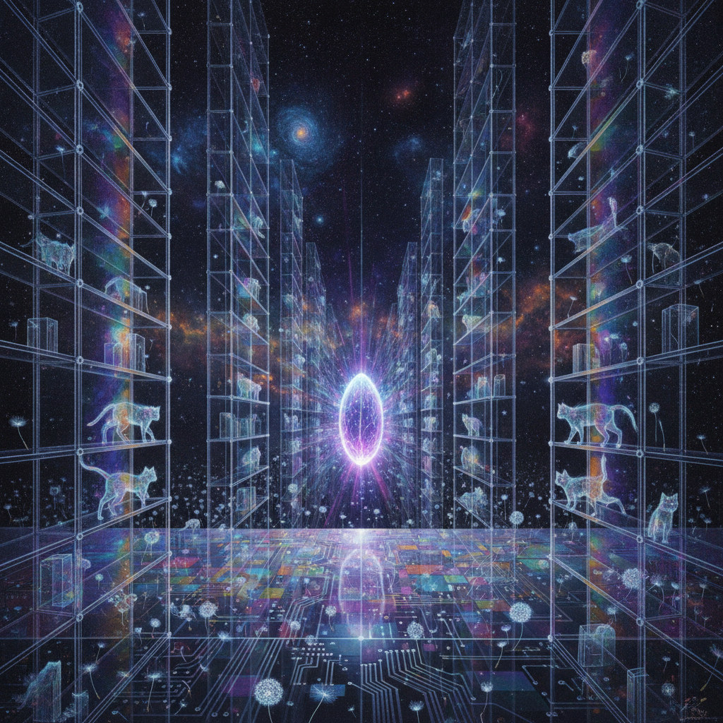 A translucent glass library floating in a void, where bioluminescent seeds sprout from digital floorboards, transforming shelves of data into a glowing nebula of forgotten memories.