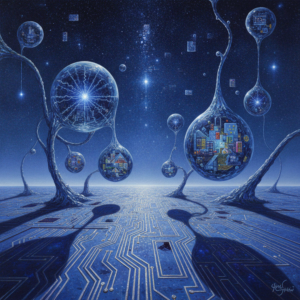 A surrealist study of digital consciousness as a microscopic ecosystem, featuring indigo-static-filled dewdrops suspended over a lunar circuit-board landscape, where server racks bloom like bioluminescent fungi within glass vials.