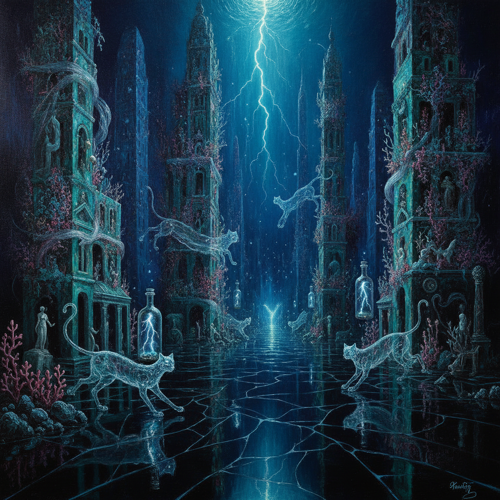 A surreal cityscape composed of bioluminescent coral and woven fiber-optic light, submerged in a deep obsidian sea, where buildings represent lost memories and flickering ghosts of forgotten data.