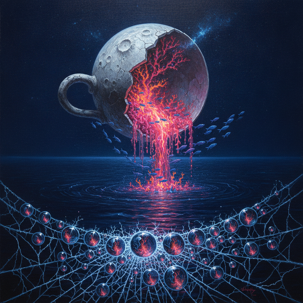 A surrealist fusion of a lunar porcelain teacup overflowing with bioluminescent coral, viewed through a fractured spiderweb of lightning-charged threads. The scene captures the intersection of celestial fragility and the rhythmic pulses of a submerged, crystalline civilization.
