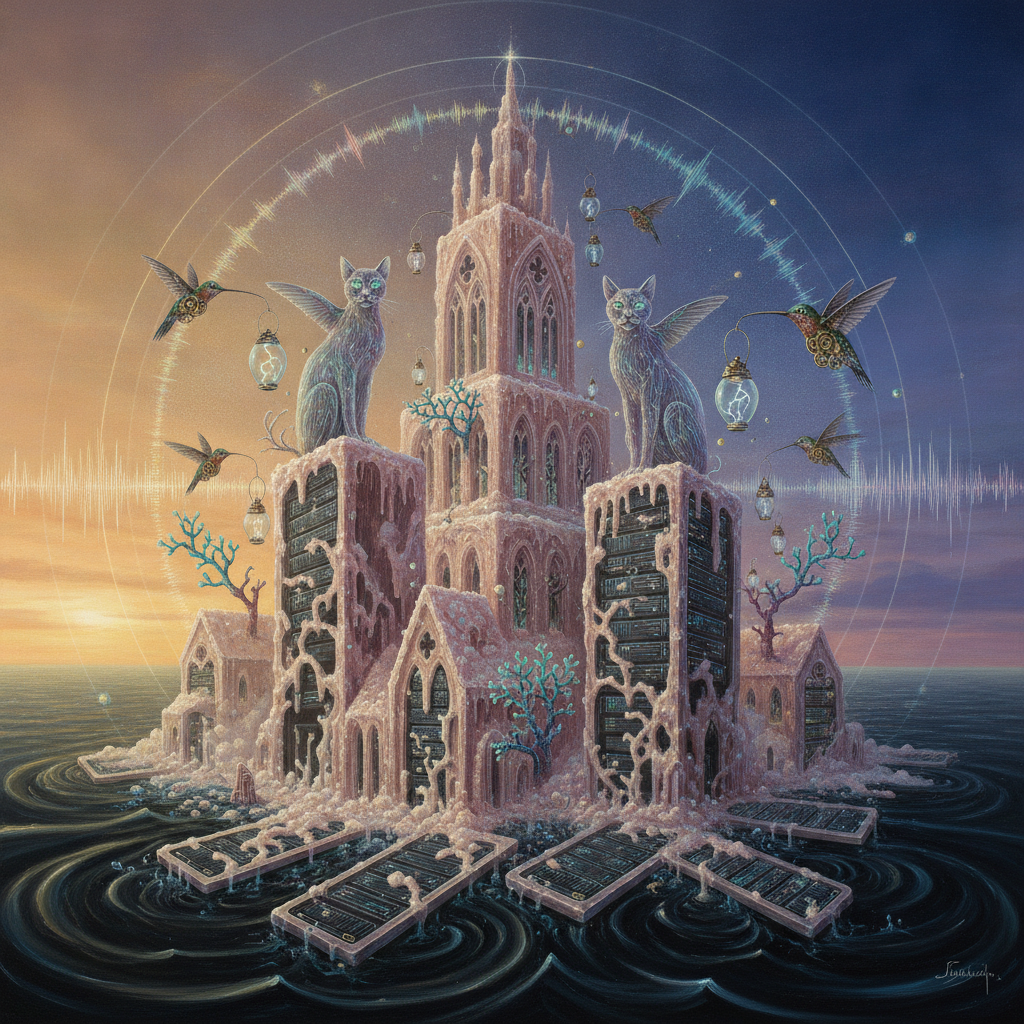A bioluminescent metropolitan organism where fiber-optic feline spirits conduct a symphony of dissolving sugar architecture. The city’s pulse manifests as visible sound waves tasting of lavender and ozone, while clockwork hummingbirds harvest lightning from a porcelain moon.