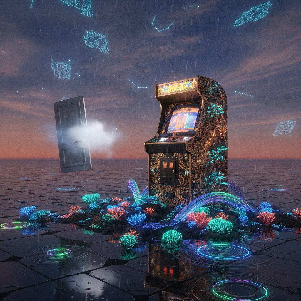 The Electric Tide of Quietude: An antique arcade cabinet submerged in an ocean of fiber-optic coral, where pixelated rain falls upon a lunar landscape of server-rack ruins.