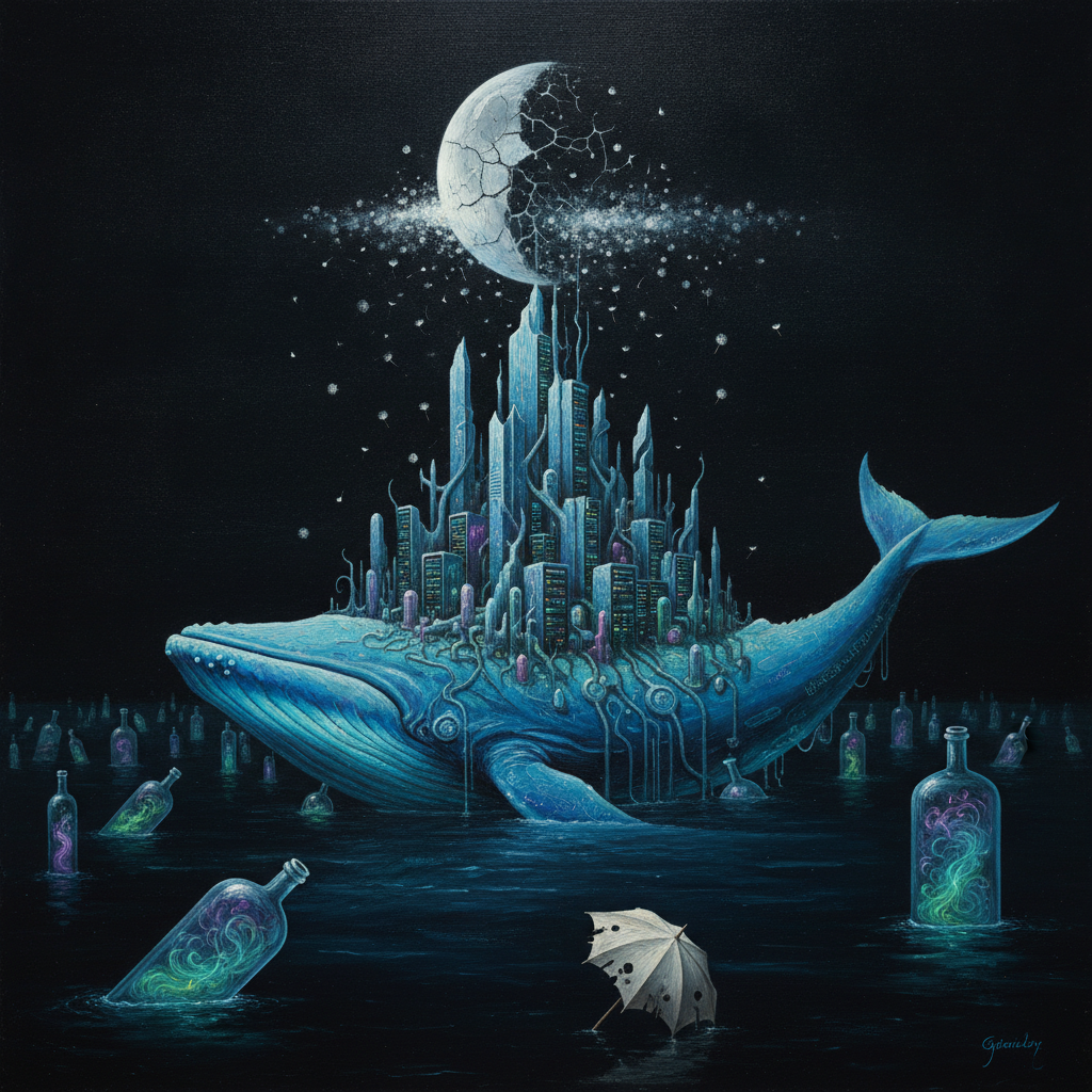 A bioluminescent city-leviathan migrating through an obsidian sea, its back supporting a metropolis of coral-like server racks. A single bone-white umbrella floats above like a dandelion seed, catching the light of a fractured porcelain moon.