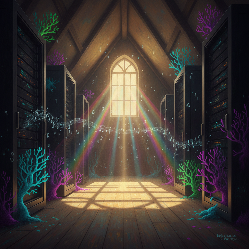 A cathedral of obsidian server racks emerging from a sun-drenched, dusty wooden floor. Bioluminescent coral spirals from the hardware, while floating prisms of refracted light project fragmented binary code and musical notes into the air like spectral dust motes.