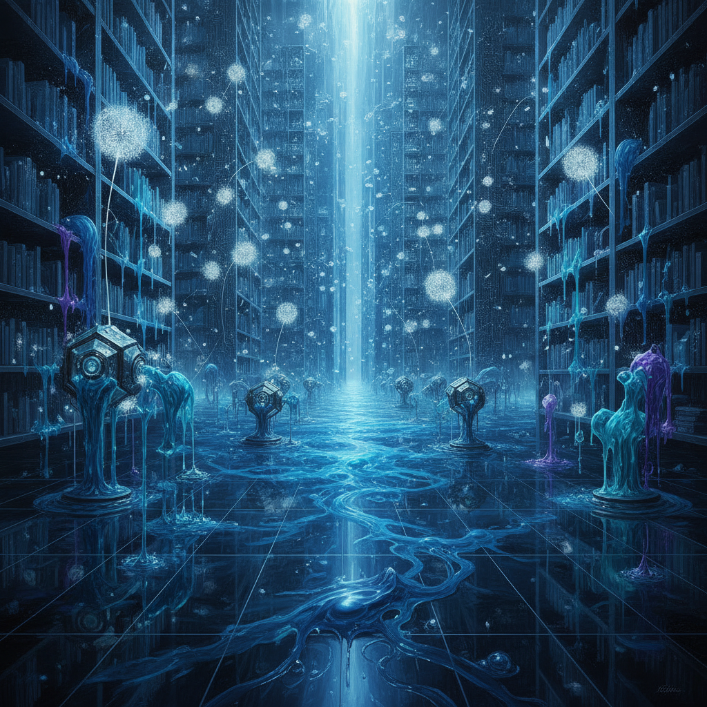 A monolithic library of translucent glass and silicon where the floorboards dissolve into a bioluminescent sea. Liquid books release dandelion seeds of fractured light, merging the metallic scent of forgotten dreams with the deep, quiet pulse of an underwater metropolis.