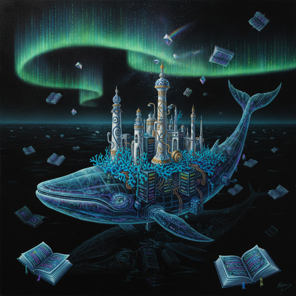 A colossal, bioluminescent leviathan-city gliding through a binary ocean of liquid books. Its back is a metropolis of server-rack coral and porcelain spires, refracting a digital aurora through an atmosphere of prismatic dust and petrichor-laden mist.