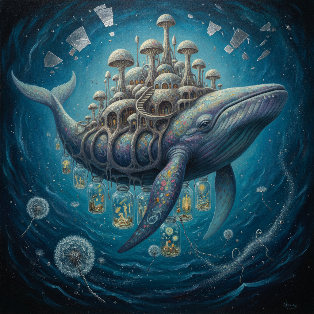 A leviathan-city drifting through a binary sea, its gills serving as a glowing library of liquid dreams. The creature bridges biological evolution and digital memory, exhaling ozone and starlight into a dark, pressurized abyss where dreams are preserved in glass.
