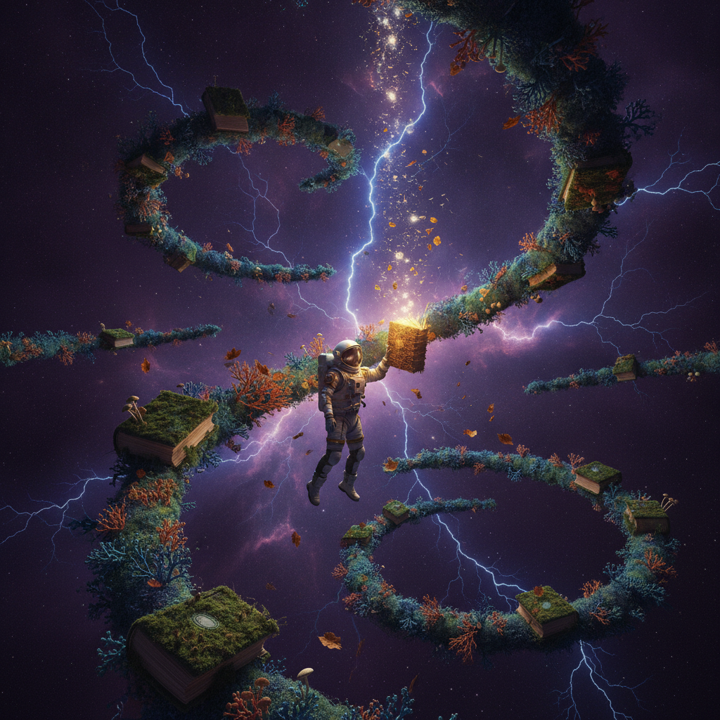 A surrealist library floating in a nebula, where books are crafted from living moss and dried leaves. A solitary astronaut interacts with these organic volumes, releasing clouds of dandelion seeds that transform into glowing constellations, bridging the gap between tactile memory and celestial void.