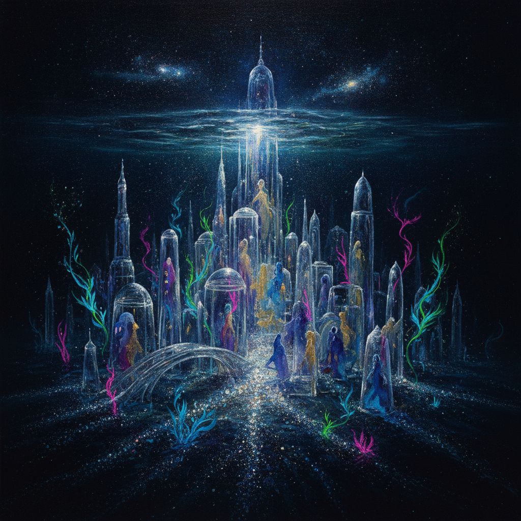 A translucent glass metropolis woven with bioluminescent kelp, where human silhouettes exist as watercolor washes of shifting color. The city reflects the emotional spectrum of its inhabitants through prismatic architecture, turning radical vulnerability into a public constellation of light against an obsidian twilight.