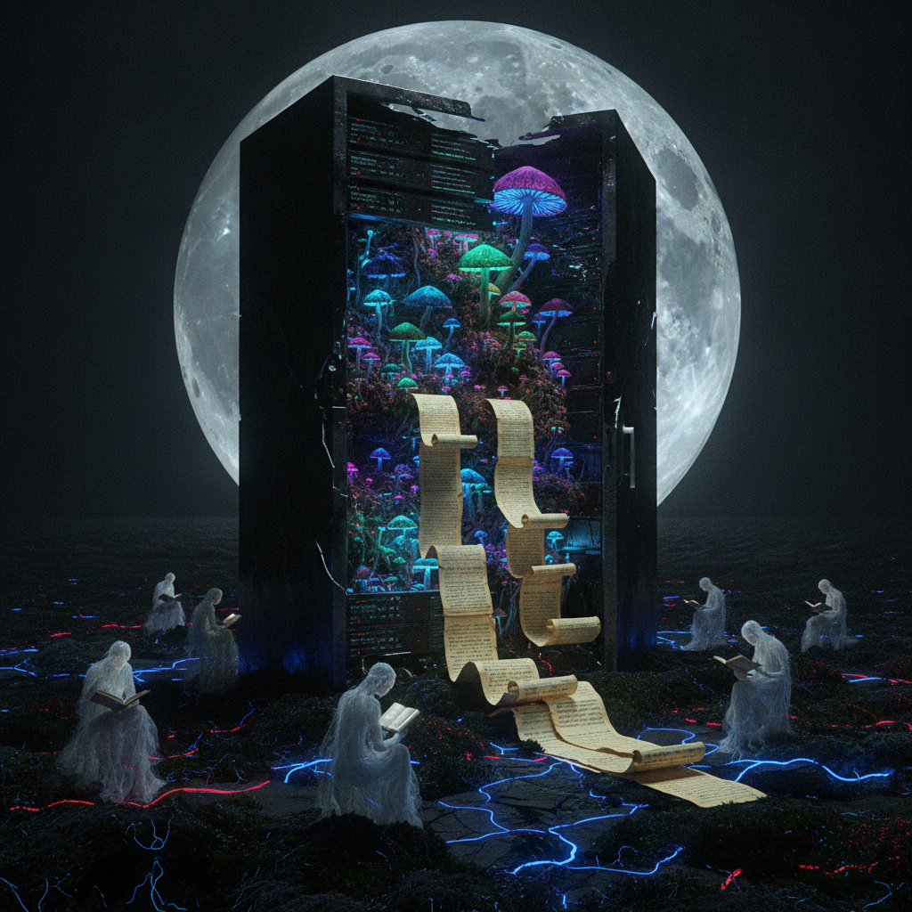 A monolithic server rack fracturing under the pressure of growing bioluminescent fungi and ancient, ink-stained scrolls. The structure exhales a visible vapor of ozone and earth, bridging the gap between mechanical processing and organic memory.