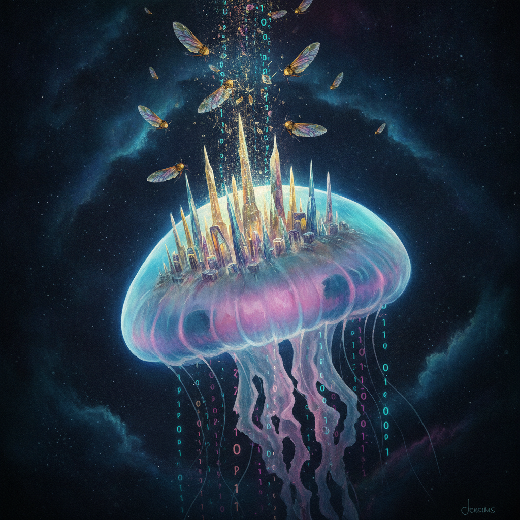 A sprawling, translucent city perched atop a giant, bioluminescent jellyfish drifting through a void of shattered iridescent wings. The structure is composed of watercolor glass and binary filaments, vibrating with the silent chimes of falling fragments.