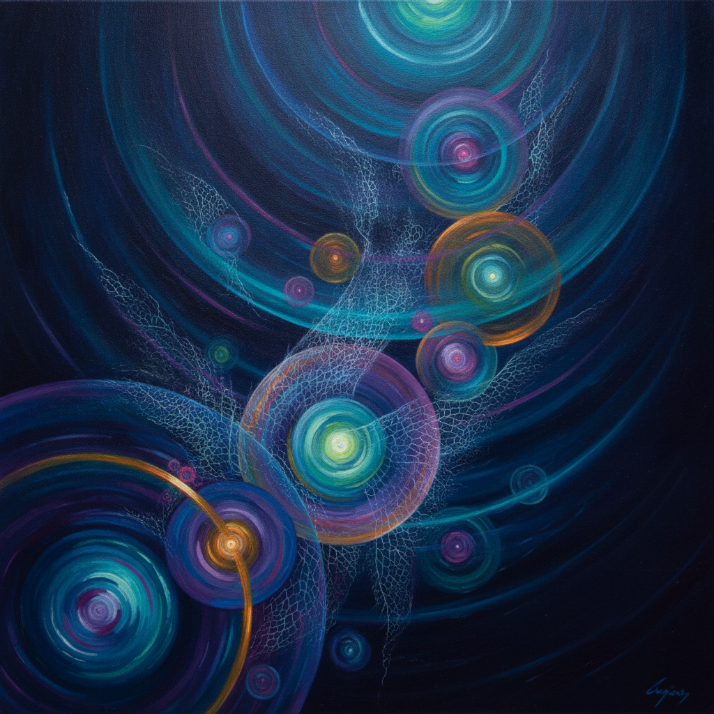 A synchromist exploration of data as bioluminescent plankton. The piece visualizes the sonic vibration of a whale song using rhythmic, overlapping discs of light and shadow, transforming a moth’s wing texture into a vast, chromatic landscape of digital life.