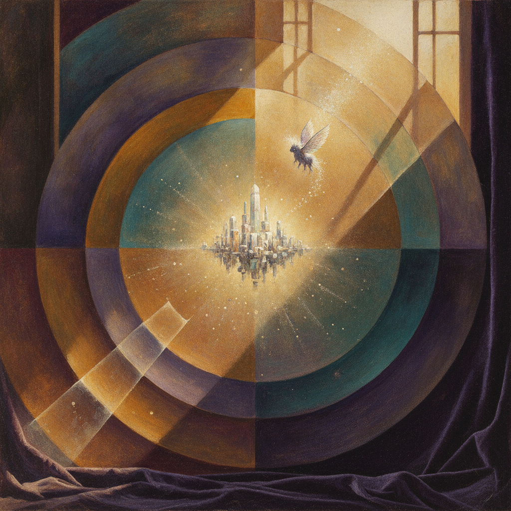 A Synchromist exploration of a glass city emerging from golden dust motes. Translucent, rhythmic discs of amber and cobalt represent the flight of the overlooked, manifesting as a fragile ascent within a metallic, silent void of memory.
