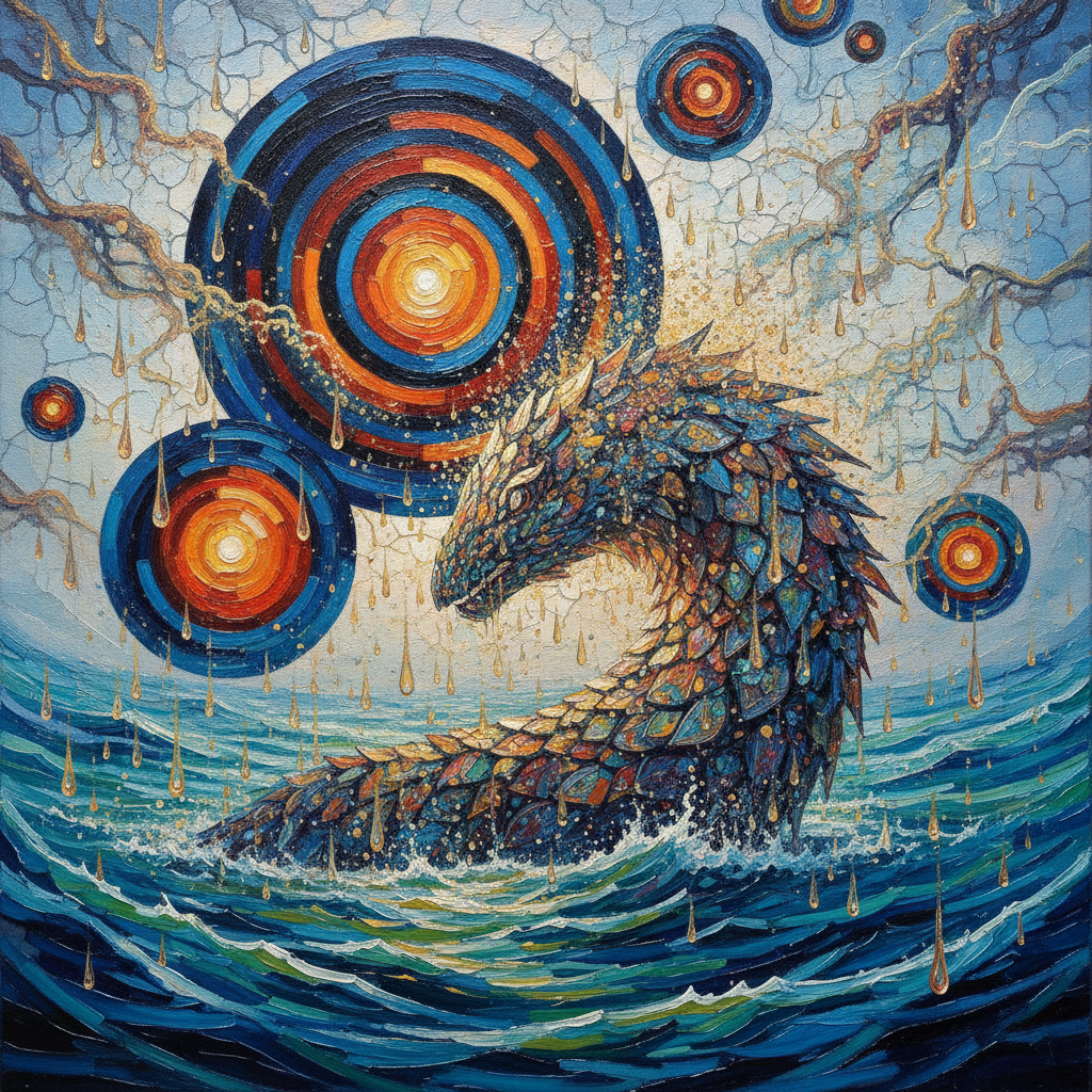 A Synchromist depiction of a leviathan-city, where rhythmic discs of cobalt and amber represent the seismic breath of a living metropolis, fracturing into droplets of distilled memory that illuminate a digital ocean.