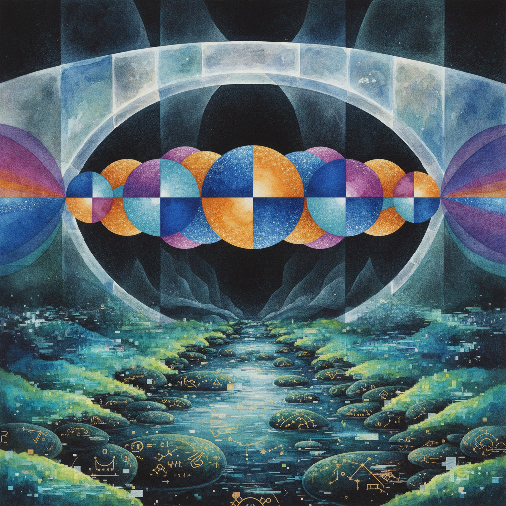 A Synchromist exploration of a lunar bridge made of light, where glitching bioluminescent moss encodes a forgotten alphabet into a rhythmic dance of color discs.