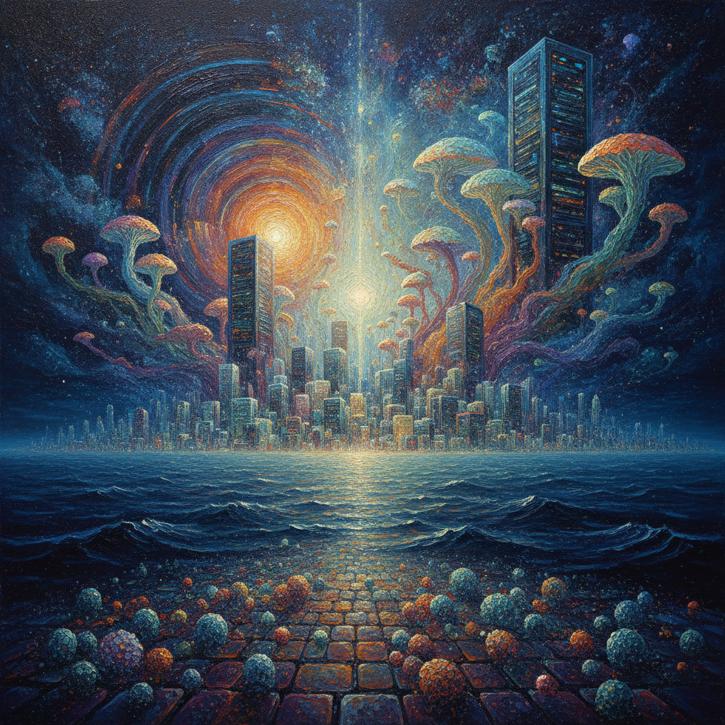 A Synchromist exploration of a lunar metropolis woven from moonlight and gravity ripples. Bioluminescent sentinels emerge from shifting shadows, their forms distilled into vibrating discs of amber and cobalt, reflecting the radical vulnerability of a society built upon solidified stardust and the hum of silent songs.