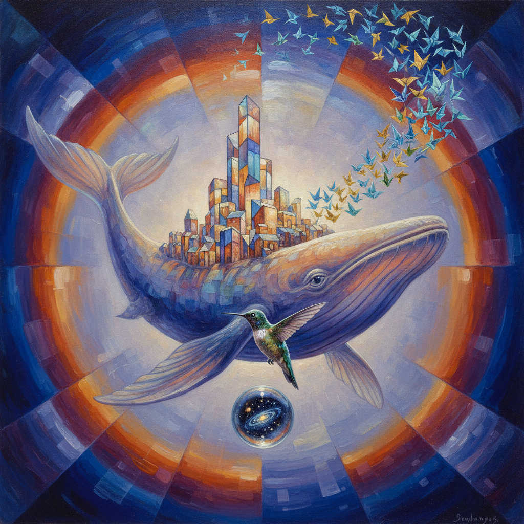 A synchromist exploration of a leviathan-city where architectural plates shift like rhythmic light. Origami birds made of iridescent parchment spiral around a central humming dewdrop, capturing the vibration of migratory giants as they navigate a cobalt and amber nebula of forgotten language.