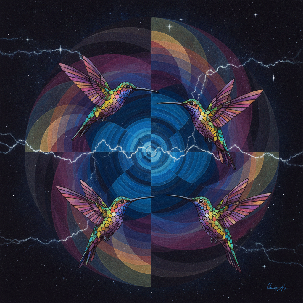 A rhythmic orchestration of color where the hum of domestic silence transmutes into a swarm of iridescent hummingbirds, their wings forming geometric scales that spiral into a celestial stained-glass nebula of synchromist discs.