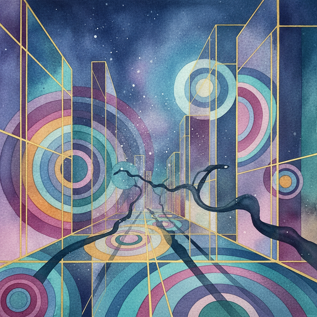 A Synchromist cityscape where vibrant, overlapping color discs represent the ozone-scented music of memory. Sentient shadows, rendered in deep indigo and violet, stretch across geometric glass streets, vibrating with the heavy tension of a storm that refuses to fall.