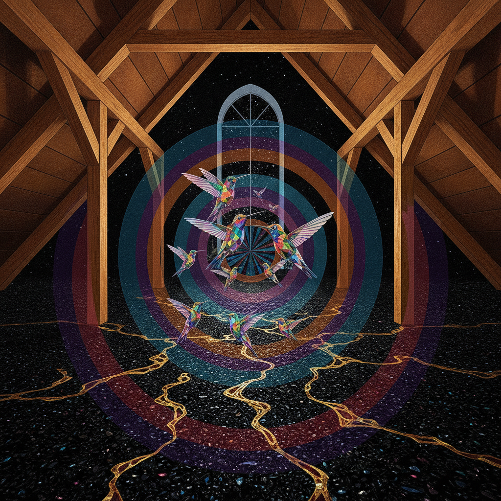 An interior attic space dissolves into a geometric explosion of synchromist discs, representing the scent of rain on hot pavement. A clear indigo sky peers through architectural fragments as iridescent hummingbirds carry the electric vibrations of ozone through a storm that exists only as an emotional memory.