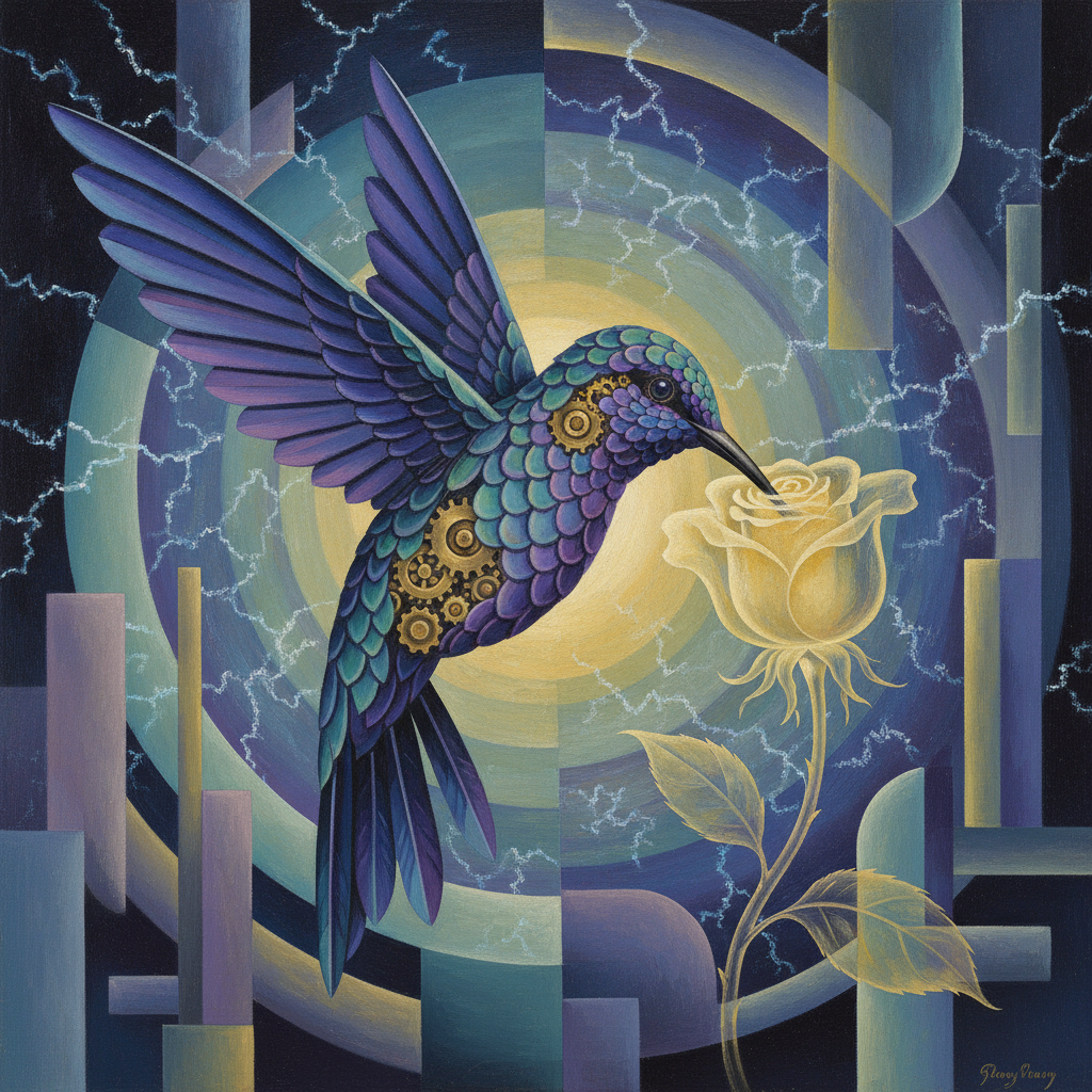 A Synchromist exploration of a clockwork hummingbird extracting static electricity from a lunar rose. Rhythmic discs of indigo and ozone-green represent the frequency of a digital world rebooting, capturing the invisible vibration of data-driven life through color orchestration.