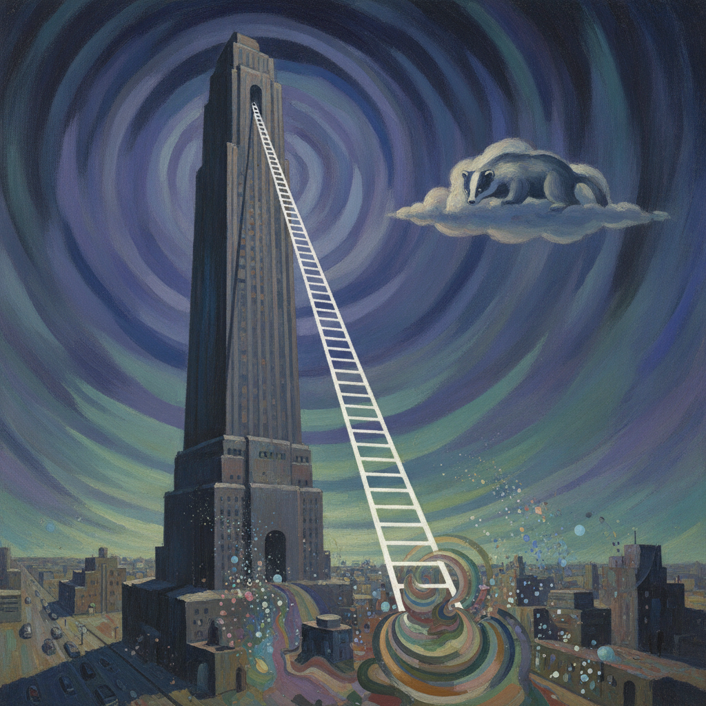 A Synchromist exploration of urban geometry dissolving into organic vibrations. A skyscraper’s shadow becomes a ladder of light reaching toward a badger-shaped nebula, utilizing color chords of indigo and ozone-green to represent the silent hum of universal growth and the petrichor of forgotten city dreams.