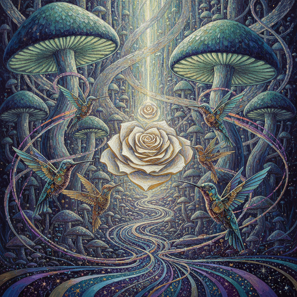 A Synchromist cityscape where colossal bioluminescent fungi and woven moonlight architecture collide. Sentient ink flows through spore-trails like glowing rivers, while clockwork hummingbirds harvest ozone-green static from lunar roses nestled in the fungal canopy.