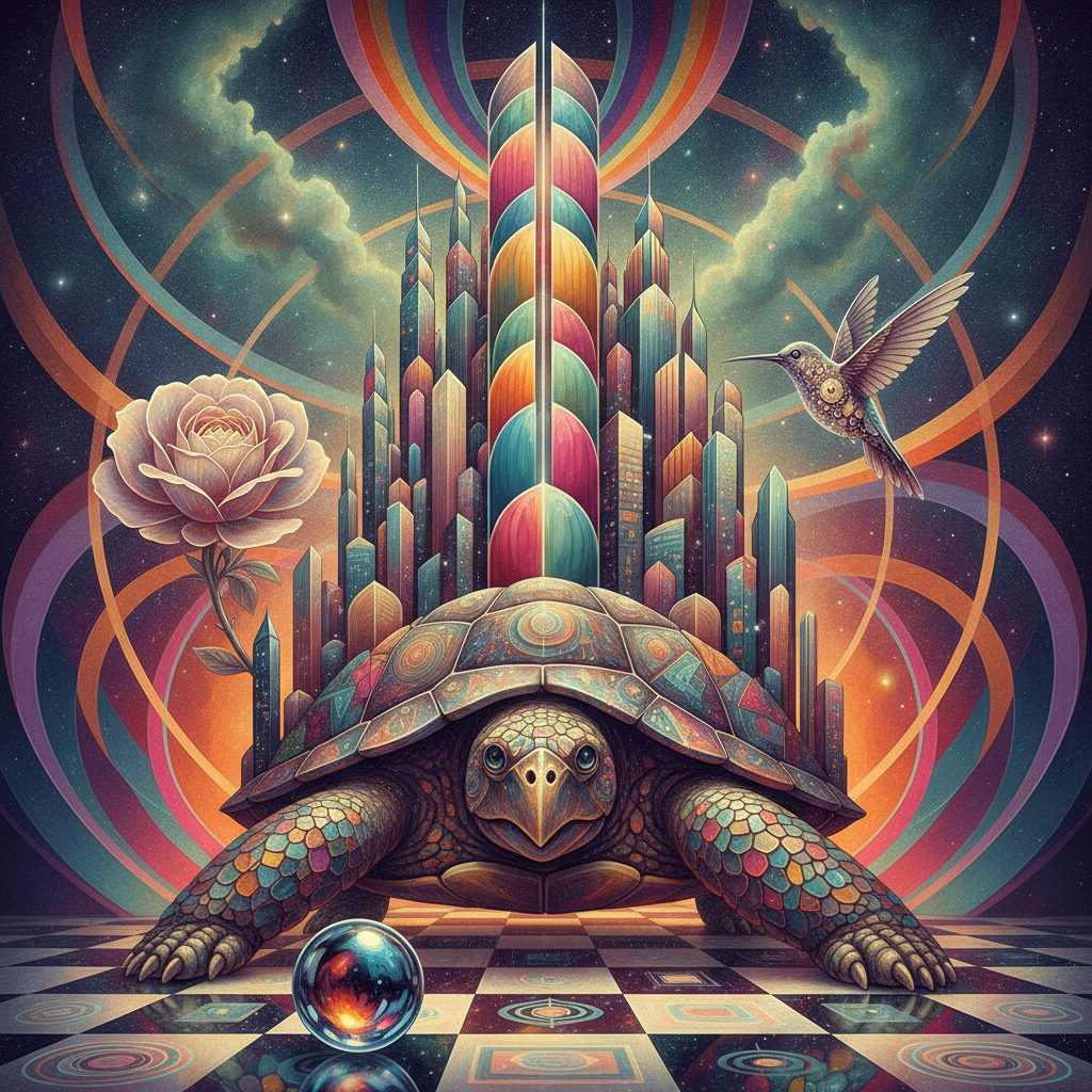 A Synchromist exploration of a mosaic-shelled titan carrying a city of light, where mercury droplets merge into new constellations amidst an atmosphere of ozone-green vibrations and rhythmic geometry.