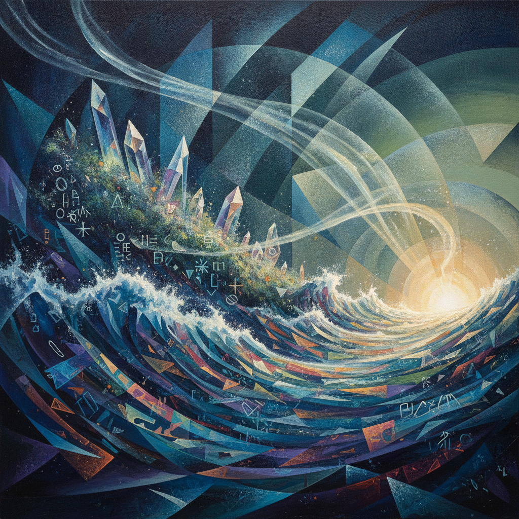 A Synchromist interpretation of a data-ocean where geometric waves of mercury and indigo collide. Shards of petrified starlight form a forgotten alphabet amidst the rhythmic surge of a digital tide, blending the scent of petrichor with the frequency of stardust.