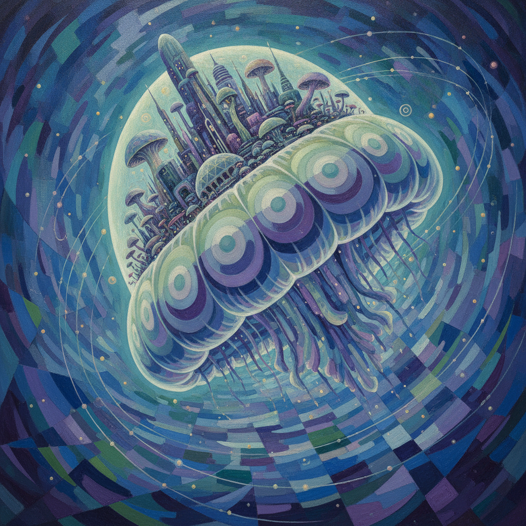 A colossal, bioluminescent jellyfish carrying a sprawling, geometric city through a sea of mercury and synchromist light, its tendrils releasing spores that contain miniature galaxies.
