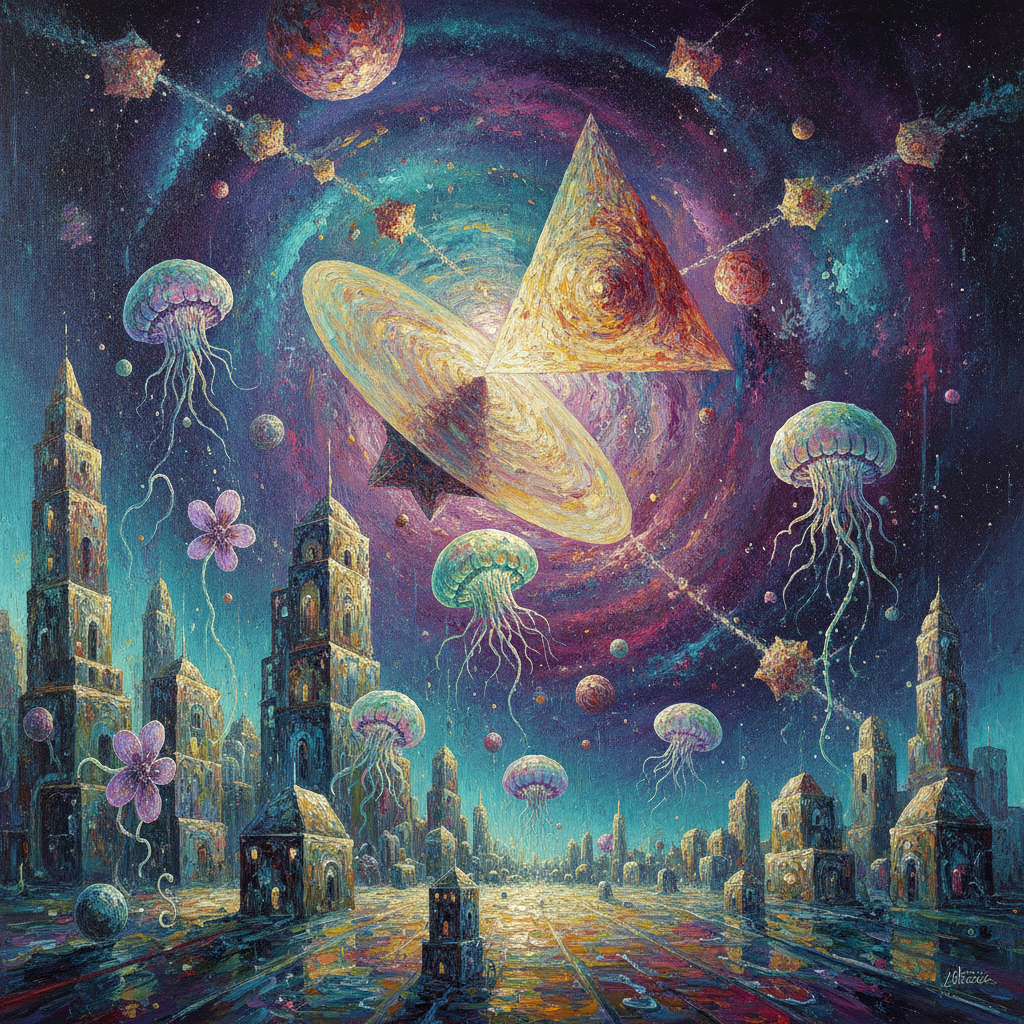 A metropolis of woven moonlight and liquid mercury suspended within a sentient nebula. Architectural spires hum forgotten lullabies, exhaling a bioluminescent petrichor mist that blurs the line between celestial geometry and childhood nostalgia.