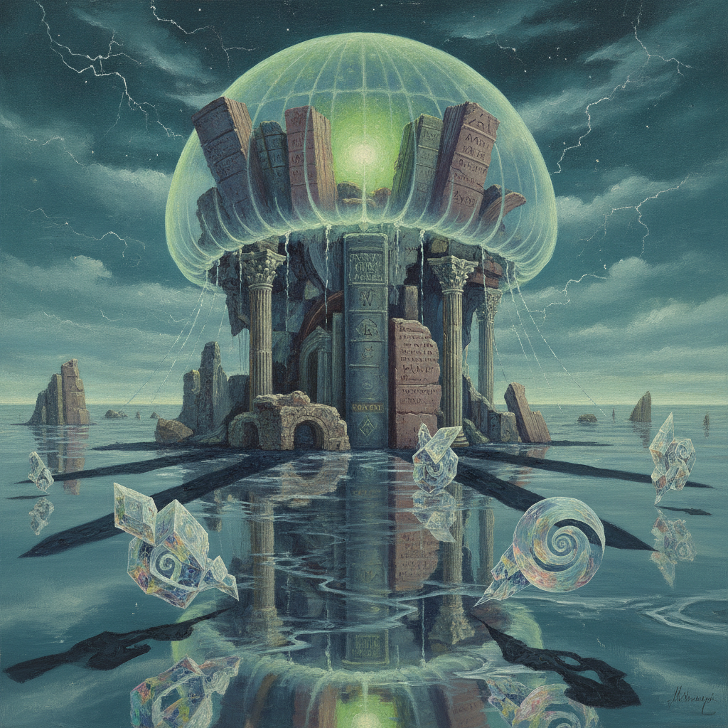 A leviathan of shifting stone carrying a library-city through a mercury storm. Molecular vibrations from antique machinery manifest as crystalline scent-sculptures, while the petrichor of lost stories falls as bioluminescent rain across moonlit bridges.