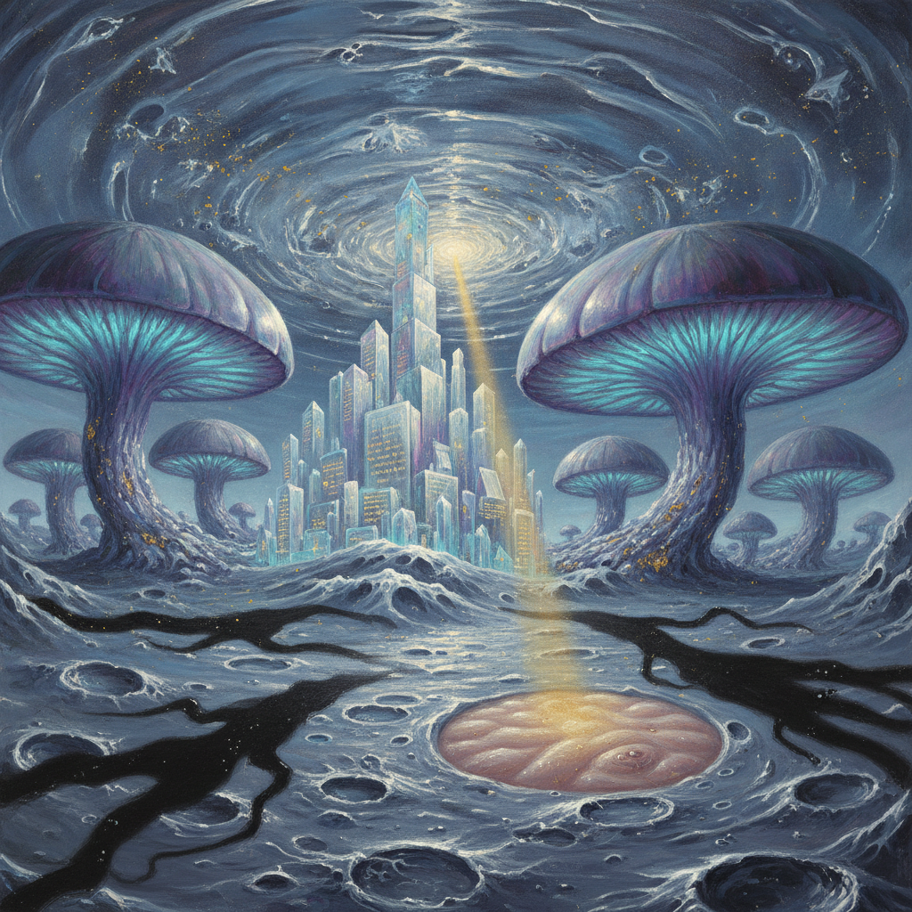 A surrealist lunar metropolis where bioluminescent fungal caps pulse with the rhythm of a communal network. Crystalline library-cities rise from mercury tides, their walls textured like old paper, while ionized dust reacts to cosmic rays in a dance of golden, cinnamon-scented sparks.