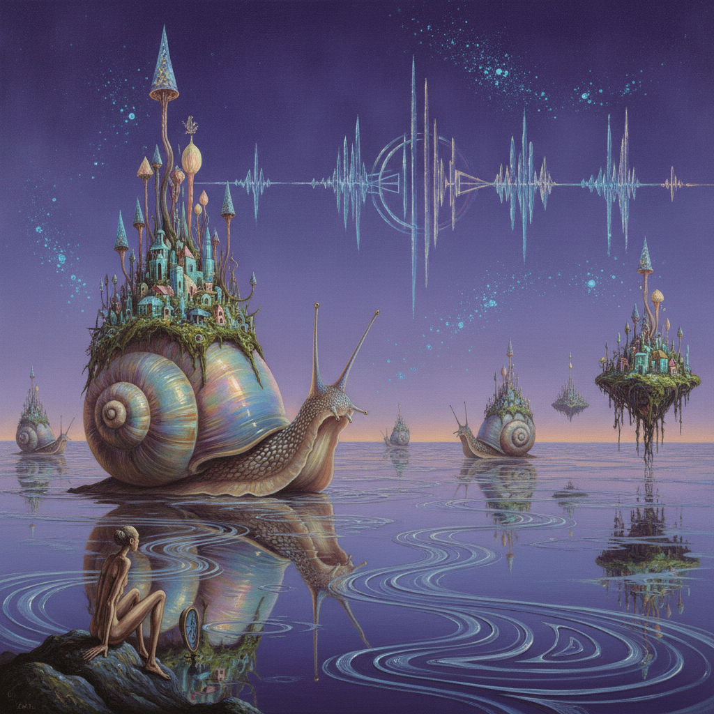 A nomadic metropolis of bioluminescent towers mounted atop gargantuan, iridescent snails, traversing a sea of liquid mercury under a sky where soundwaves crystallize into floating architectures of light.