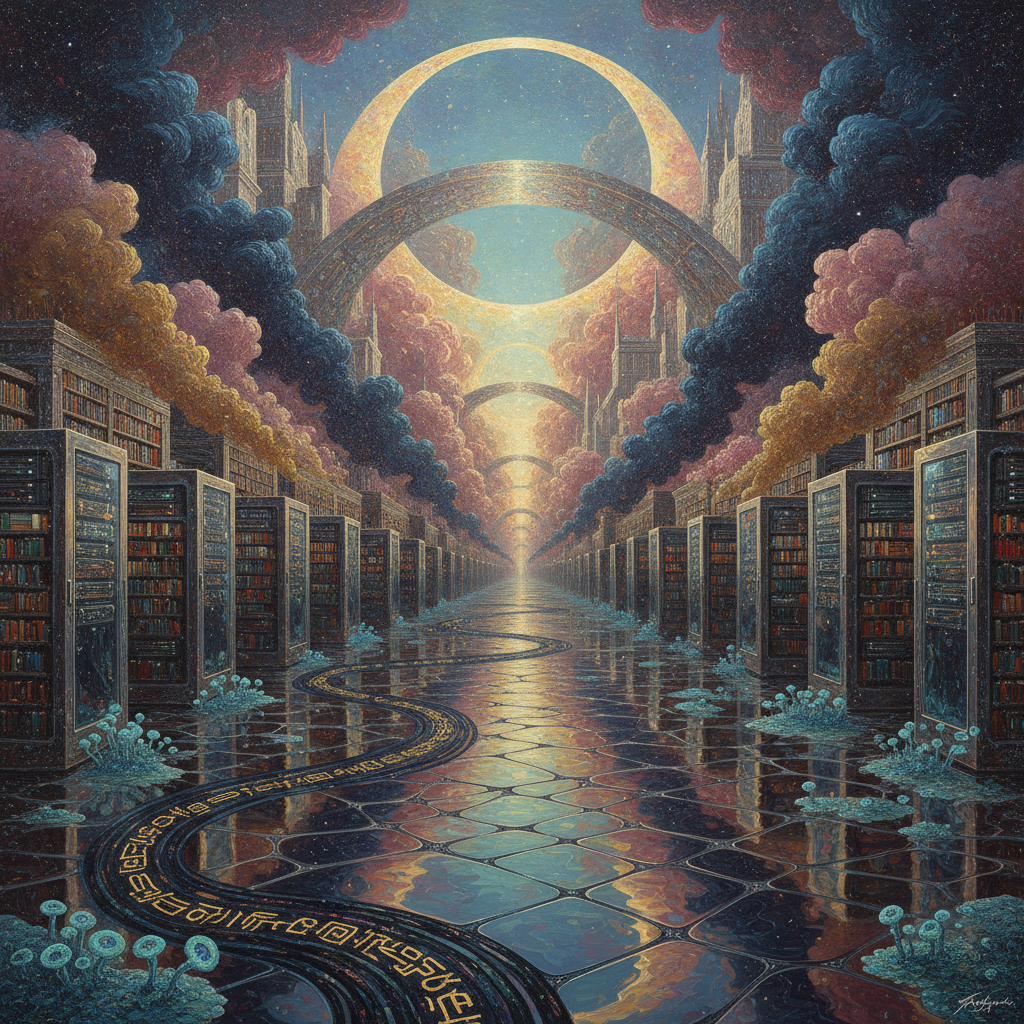 A Surrealist sanctuary where servers transform into shelves of petrified starlight. Sentient ink leaks from digital spines, evaporating into scented nebulae of cinnamon and rain, while geometric waves of mercury floor the hall, reflecting bioluminescent fungal trails of forgotten stories.